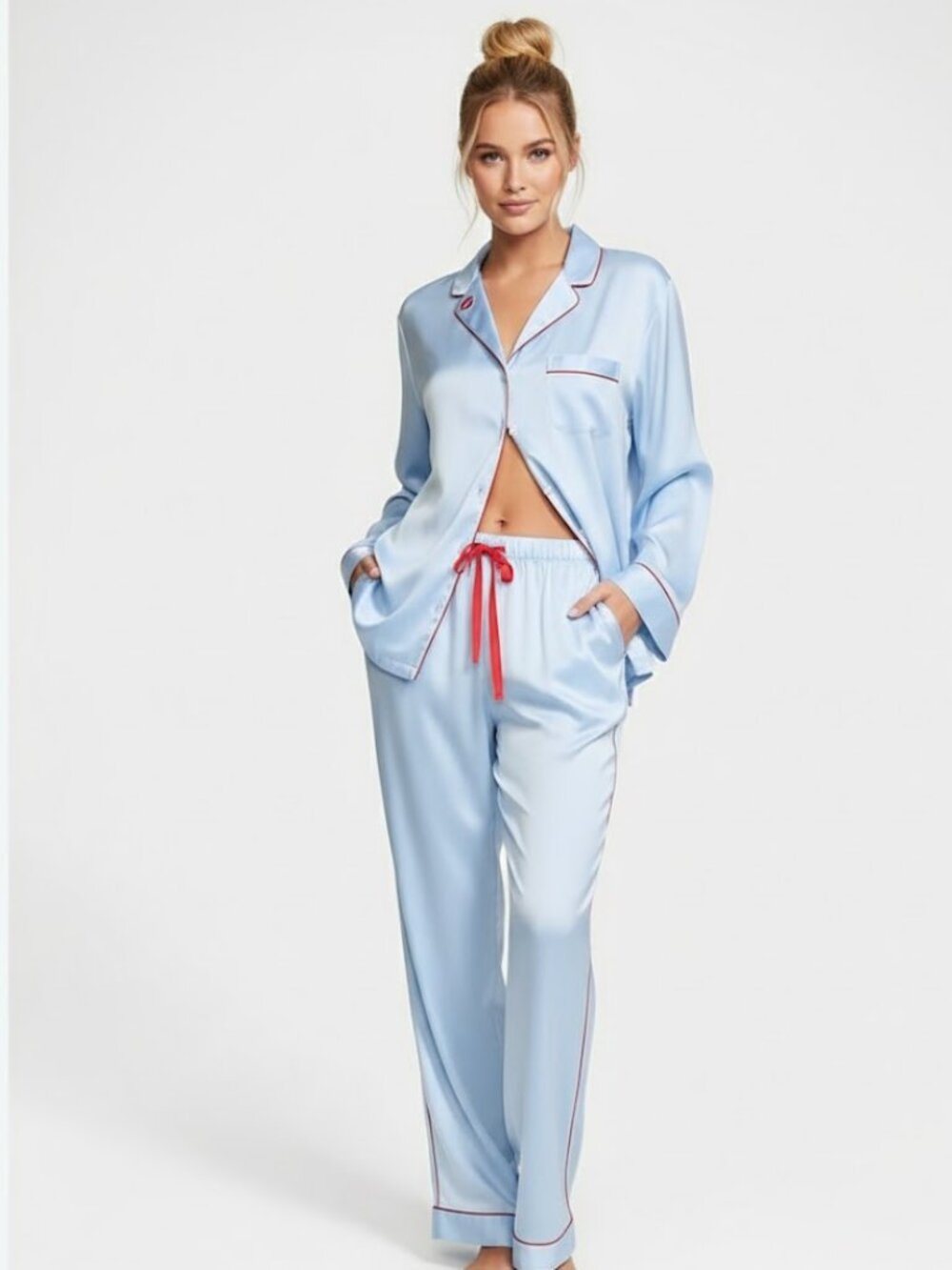 Victoria's Secret Blue Satin Long Pajama Set w/ Embroidered Kiss XS NWT